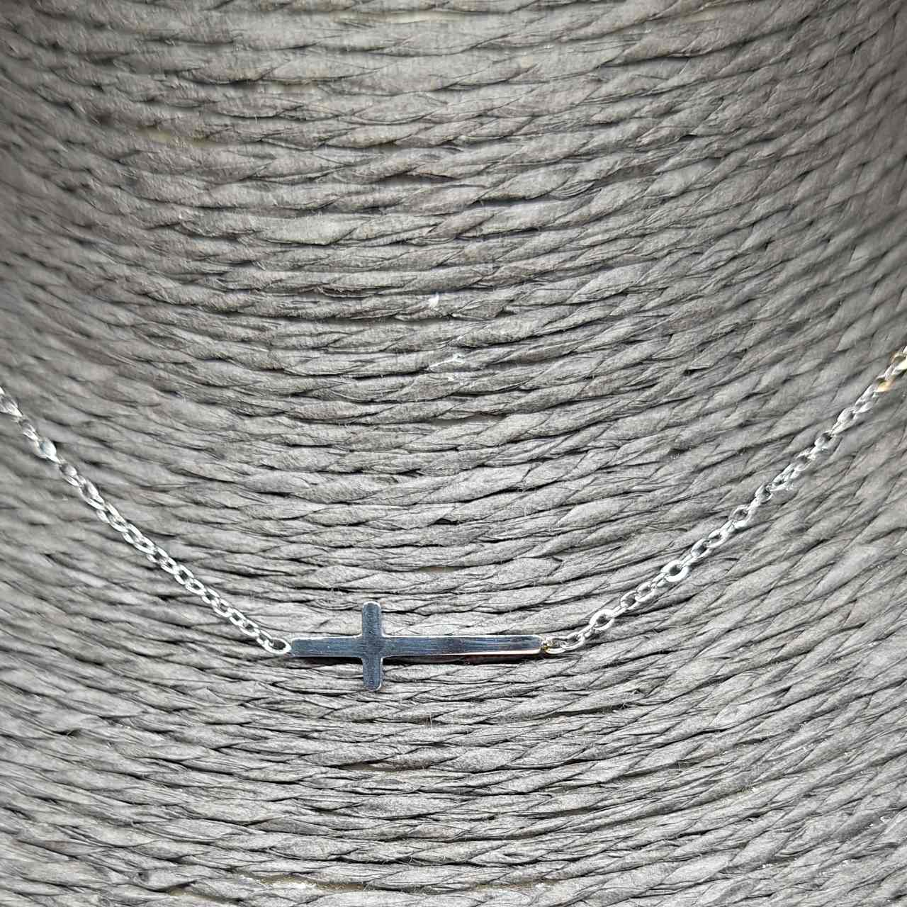 thumbnail interactive-video image 1 of Silver Stainless Steel Sideways Cross Pendant Necklace – 16-18" Adjustable Chain – Titanium Metal 1 of 3