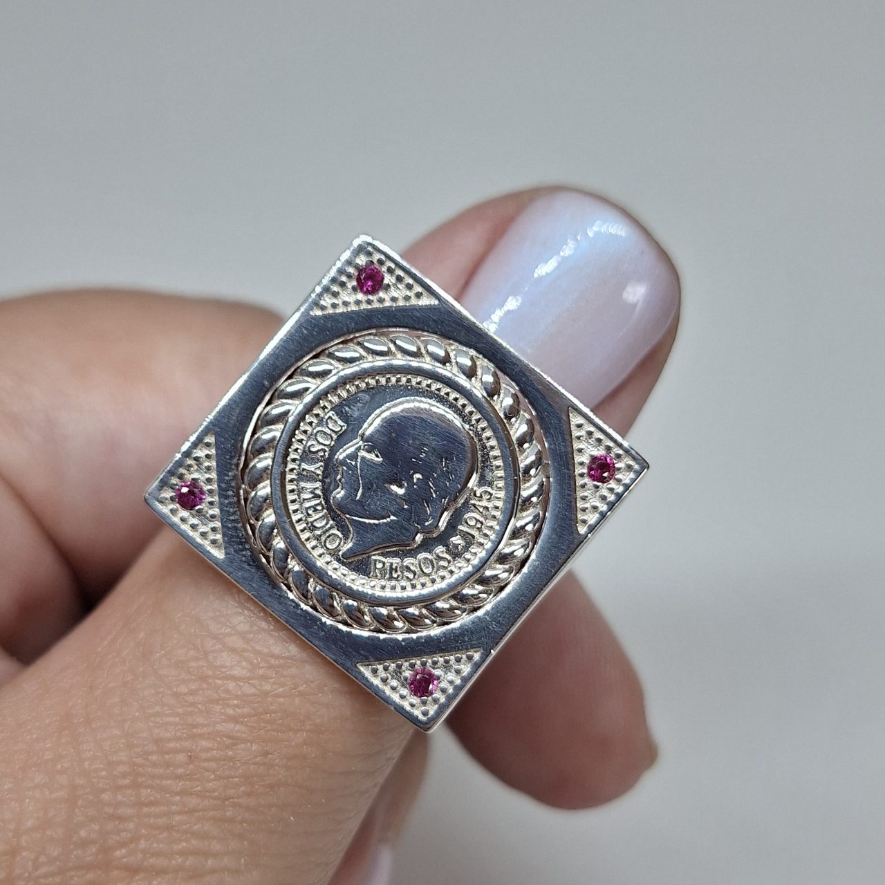 sterling silver peso coin block square ring with red cz stones in the corners