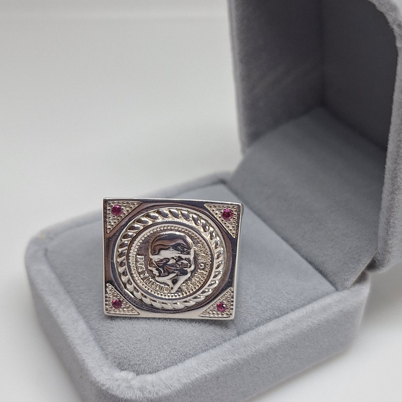 sterling silver peso coin block square ring with red cz stones in the corners
