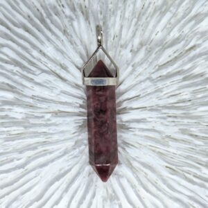 rhodonite crystal pendant set in sterling silver casing