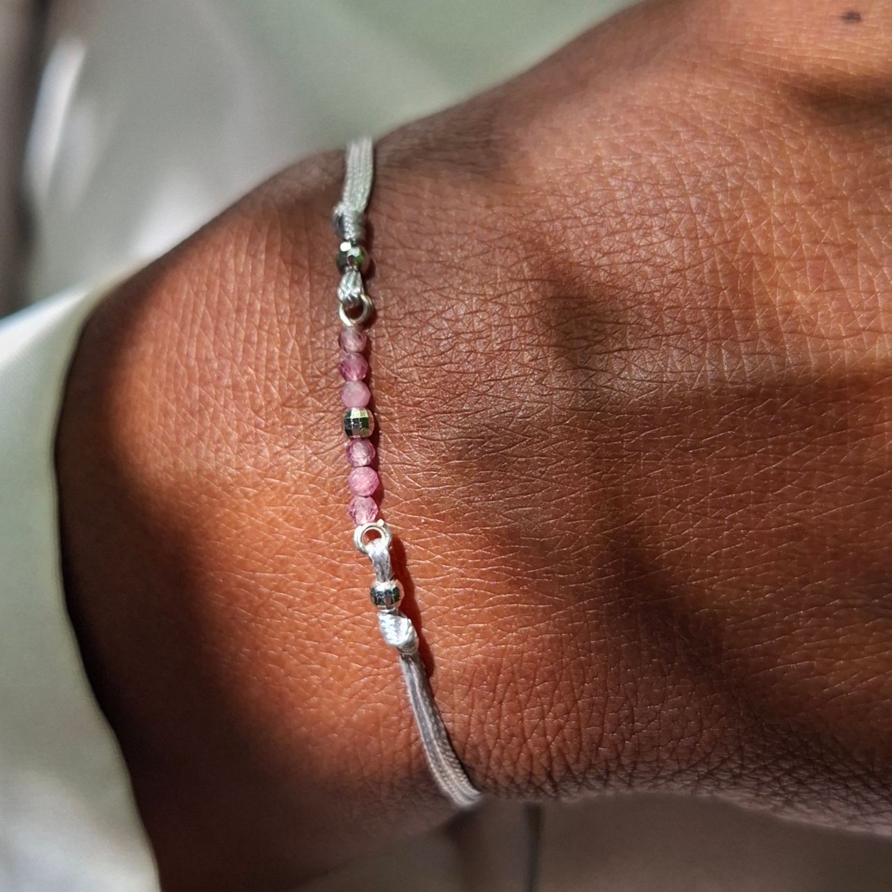 pink tourmaline beaded silk bracelet