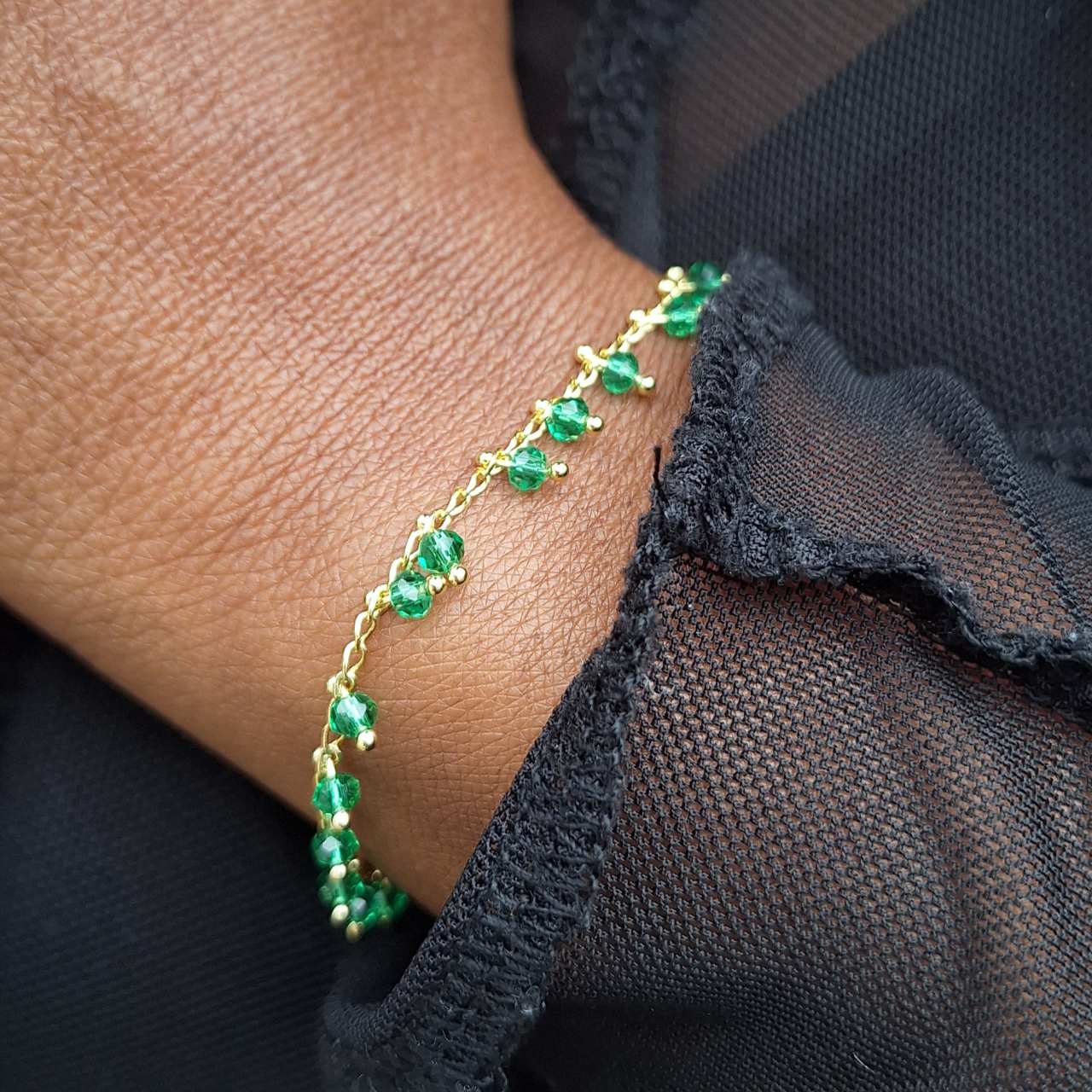 Dark Green Bead Bracelet Gold SS