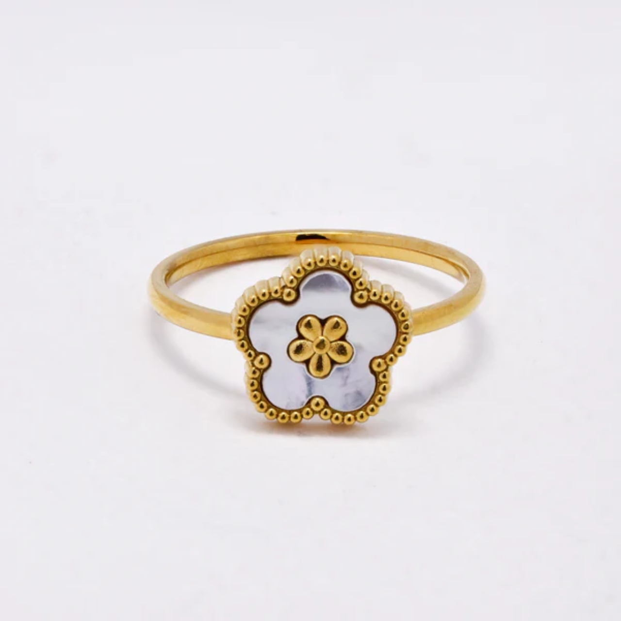 gold mother of pearl flower ring ss